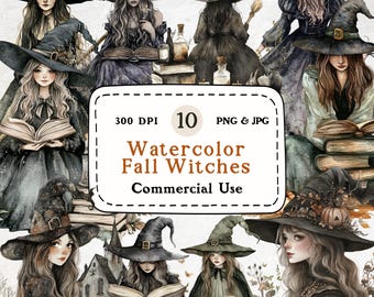 Watercolor Whimsical Witches Clipart – Mystic Witch Graphics (Digital Download)