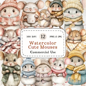 Souris mignonnes - 12 cliparts aquarelle, clipart souris, souris confortables dans des vêtements, petites souris, animal mignon, téléchargement numérique, usage Commercial