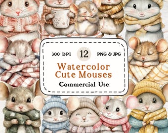 Watercolor Mouse Clipart Set – 12 Cozy Mice in Clothes (Digital Download)
