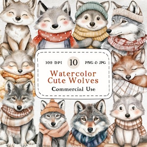 Cute Wolves - 10 Watercolor Clipart Set, Cute Wolf Clip Art, Animal Clipart, 300 DPI, Digital Download, Scrapbooking, Commercial Use