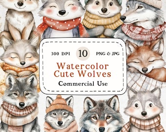 Cute Watercolor Wolf Clipart Set – Animal Graphics (Digital Download)