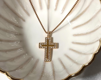 Gold Cross - Stainless Steel - 18k Gold Cross Pendant Necklace - Gold Plated Cubic Zirconia Cross Pendant & Chain - Waterproof - Vintage
