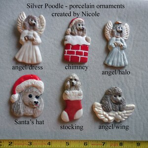 SILVER POODLE dog, porcelain ornaments, created by Nicole, free personalizing, many styles from pull down menu