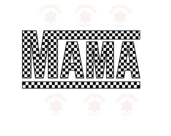 May include: Black and white graphic design featuring the word "MAMA" in bold, checkered letters. The letters are outlined with a solid black border, and the word is centered on a white background. The design includes a checkered border above and below the word.