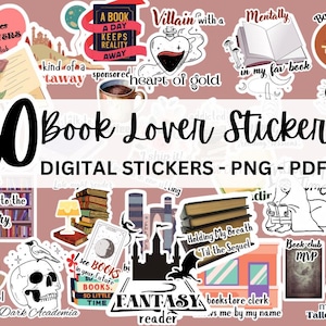 Könnte beinhalten: Ein Set mit 50 digitalen Book-Lover-Stickern mit verschiedenen Designs, darunter eine lesende Eule, ein Schädel, ein Bücherregal, ein Book-Club-MVP, ein Buchhändler und ein Fantasy-Leser. Die Sticker sind im PNG- und PDF-Format.