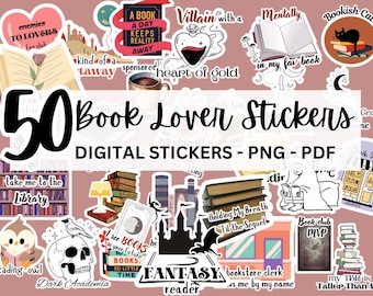 Paquete de 50 pegatinas digitales para amantes de los libros / Paquete de pegatinas imprimibles / Merchandising de Booktok Booktube / Pegatinas de fantasía / Pegatinas de Goodnotes / PDF / PNG