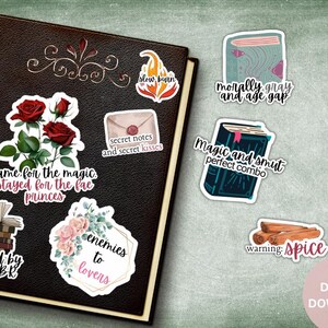 May include: A set of printable bookish stickers featuring various phrases and designs, including "came for the magic, stayed for the fae princes", "enemies to lovers", "slow burn", "secret notes and secret kisses", "morally gray and age gap", "magic and smut perfect combo", "cursed by my TBR", and "warning: spice".