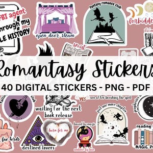 Puede incluir: Un conjunto de 40 pegatinas digitales con temas de fantasía y romance. Las pegatinas están ilustradas en un estilo caprichoso con un fondo rosa. Algunas de las pegatinas incluyen texto como "rip the FBI agent going through my KINDLE HISTORY", "forbidden love", "waiting for the next book release" y "reading is my MAGIC POWER".