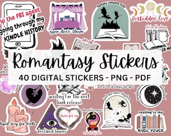 Lot de 40 autocollants numériques romantiques - Pack d'autocollants Fantasy Romance Goodnotes - Cadeau romantique sombre pour les amateurs de lecture Romance épicée et les lecteurs Smut