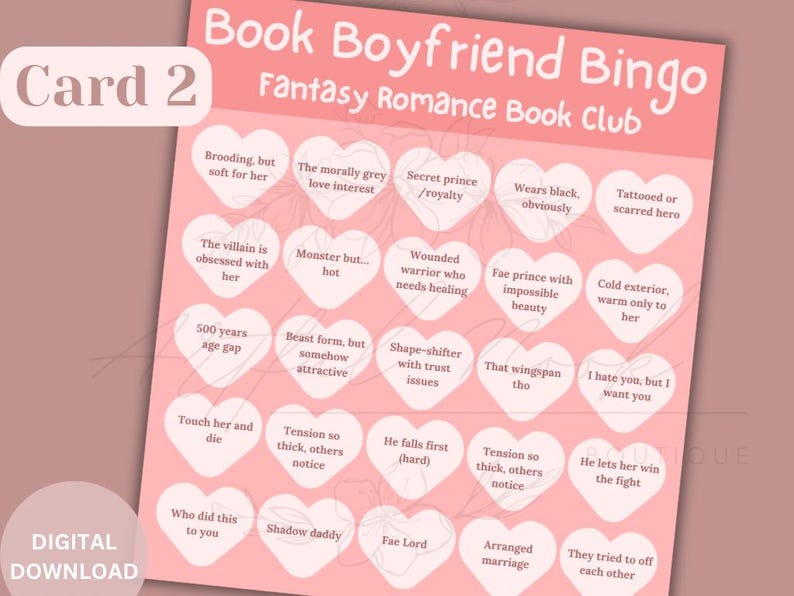 Pode incluir: Um cart&atilde;o de bingo rosa com o t&iacute;tulo "Book Boyfriend Bingo: Fantasy Romance Book Club" e uma grade de quadrados em forma de cora&ccedil;&atilde;o contendo frases como "Brooding, but soft for her", "Secret prince/royalty", "Wounded warrior who needs healing", e "Fae prince with impossible beauty".