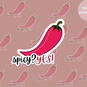 May include: A red chili pepper with a white outline and the text "spicy? yes!" in black cursive lettering. The background is a pink pattern of chili peppers.