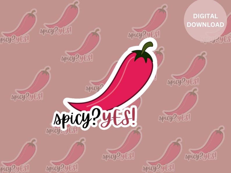 May include: A red chili pepper with a white outline and the text "spicy? yes!" in black cursive lettering. The background is a pink pattern of chili peppers.