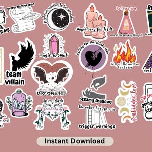 May include: A set of 14 digital stickers featuring dark academia and fantasy themes. The stickers include illustrations of books, candles, a skull, a potion bottle, a heart with a dagger, a crescent moon, a bat, a crystal, and an eye inside a triangle. The text on the stickers includes phrases like "team villain", "dark romantasy", "falling for the villain club", "destined lovers", "forbidden love", and "reading".