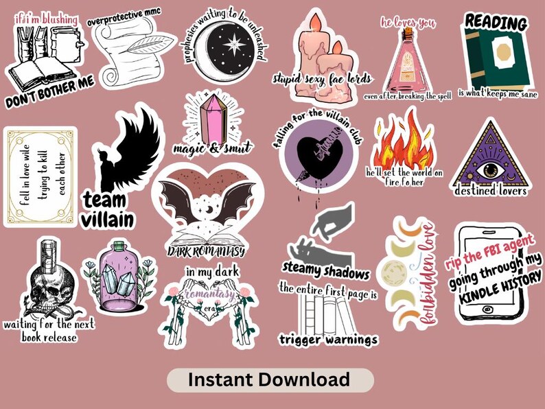 May include: A set of 14 digital stickers featuring dark academia and fantasy themes. The stickers include illustrations of books, candles, a skull, a potion bottle, a heart with a dagger, a crescent moon, a bat, a crystal, and an eye inside a triangle. The text on the stickers includes phrases like "team villain", "dark romantasy", "falling for the villain club", "destined lovers", "forbidden love", and "reading".