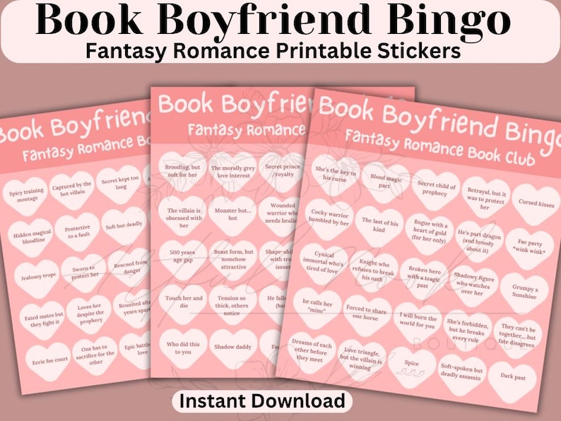 Pode incluir: Um cart&atilde;o de bingo rosa e branco com o t&iacute;tulo "Book Boyfriend Bingo: Fantasy Romance Book Club". O cart&atilde;o tem 25 quadrados, cada um com um tropo ou caracter&iacute;stica diferente de um namorado de livro de romance de fantasia.