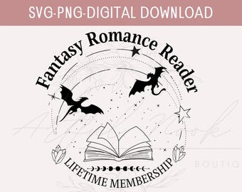 May include: Black and white illustration of a book with dragons and stars, with the text "Fantasy Romance Reader Lifetime Membership".