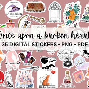 Könnte beinhalten: Ein Set mit 35 digitalen Stickern mit Illustrationen zu Märchen- und Fantasythemen. Die Sticker beinhalten Bilder von einem Fuchs, einer Krone, einem Schloss, einer Hexe, einem Vampir, einer Zaubertrankflasche und vielem mehr. Der Text "Once upon a broken heart" ist in der Mitte des Bildes zu sehen.