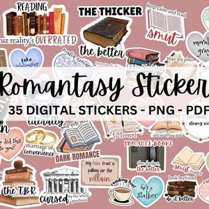 Könnte beinhalten: Eine Sammlung von 35 digitalen Stickern mit buchigen und romantischen Motiven. Die Sticker sind in verschiedenen Farben und Stilen gehalten, darunter rosa, blau, grün und weiß. Die Sticker zeigen Texte wie "The Thicker", "Dark Past", "Smut", "Morally Gray", "Reading Fuel", "He's a Stalker", "Do It Better", "One More Chapter", "The TBR", "Cursed", "Dark Romance", "My Toxic Trait is Falling for the Villain", "Marriage of Convenience", "Who Did This to You?", "Plot Twists and Steamy Scenes", "Fictional Romance Books", "The Darker, The Better", "Book Boyfriend", "He Feeds on Blood", "Vampires", "Trigger Warnings and Spice", "Good Girls Read", "Literally", "Cuz Reality's Overrated", "Fake Relationship", "Cuz It's Prettier Than 1 Preference", "Villain", "And Meddling Gods", "Like My Plots", "Keep Calm and Read", "Cated Mates".