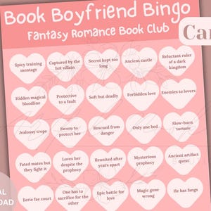 Pode incluir: Um cart&atilde;o de bingo rosa com o t&iacute;tulo "Book Boyfriend Bingo: Fantasy Romance Book Club Card 1". O cart&atilde;o tem 25 quadrados, cada um com um tropo ou elemento diferente encontrado em romances de fantasia.