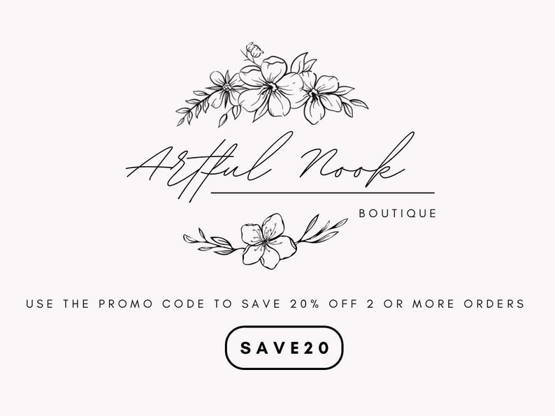 Pode incluir: Logotipo preto e branco para Artful Nook Boutique com um design floral. O texto "SAVE20" est&aacute; em um c&iacute;rculo branco com contorno preto.