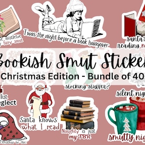 Könnte beinhalten: Ein Set mit 40 weihnachtlichen Buch-Stickern mit Illustrationen von Weihnachtsmann, Weihnachtsgeist, Bücherwurm und einer Tasse heißer Schokolade. Die Sticker haben Texte wie "Naughty list TBR neglect", "Santa knows what I read", "Naughty is just my TBR", "Silent night" und "Smutty night".