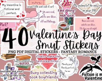 40 Valentine’s Day Bookish Sticker Bundle - Fantasy Romance Digital Stickers - PDF Printable Smut Stickers - PNG Goodnotes Stickers - Kindle