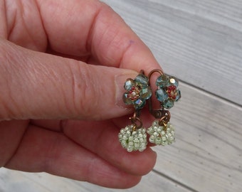 Aqua green exquisite tiny Antique glass beads earrings