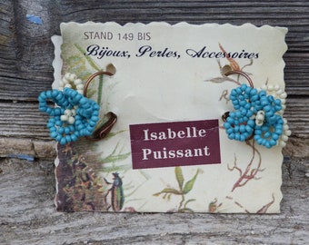 Petite fleur cream  and turquoise glass beads Handmade in France earrings on leverbacks