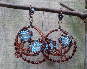 Long dangles beaded earrings  glass beads and bullion Floral pattern