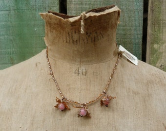 Iridescent beige & pink glass paste necklace glass beads Beaded Handmade in France jewelry