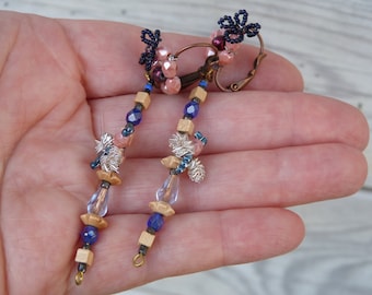 Printemps flowers & bees /Handmade in France  pendant earrings on leverbacks