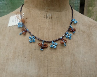 Bee glass seeds beads bright colors flowers & bee necklace French beading handmade in France