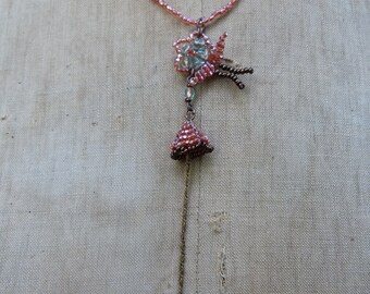 Hirondelle glass beaded flowers  and  swallow with chain and facted drop Handmade in France jewelry French Beading