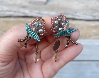 Hirondelle glass beaded flowers  and  swallow Earrings Handmade in France jewelry French Beading