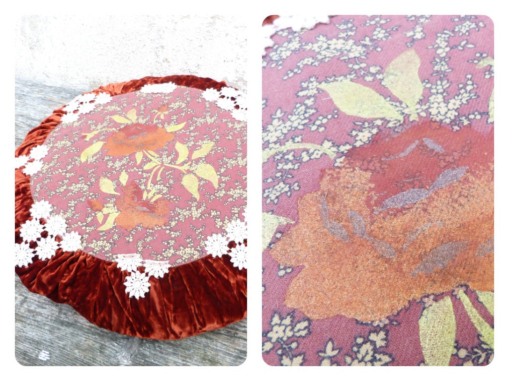 Coussin Peint à La Main Liberty + Velours Frappé et Dentelles Teintes Maison /Esprit Boheme