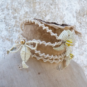 CREAM Handmade in France large beaded  choker  necklace or Diadema  Flowers and dove Bridal Wedding