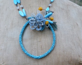 Mimosa  blue  glass beads  necklace with mimosa bouquet   Handmade in France