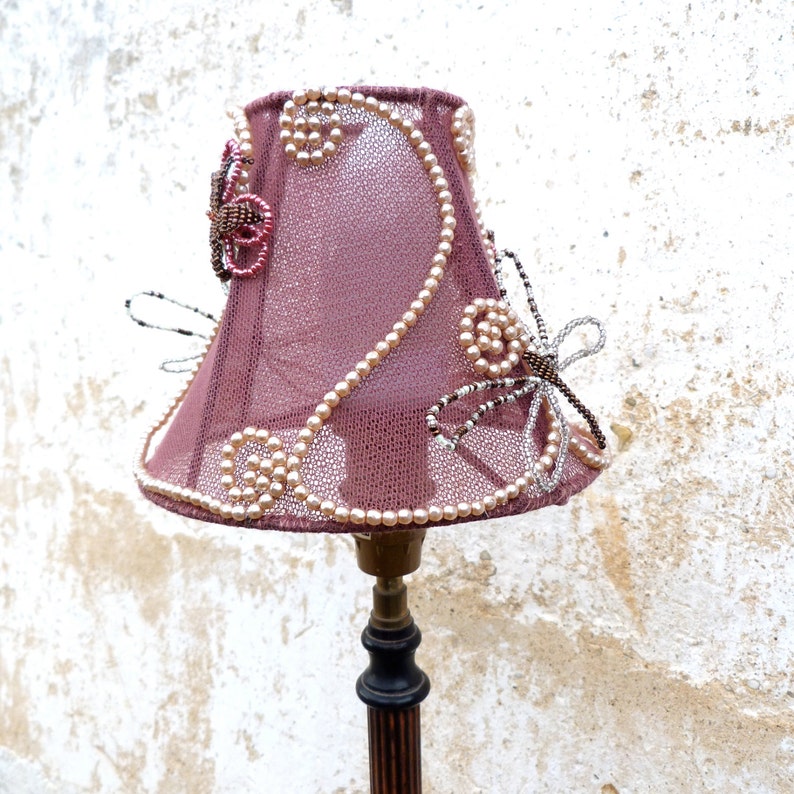 Abat-jour Vintage Perles Violet Goutte D'Eau - Rond, Verre, LED, Douille E27