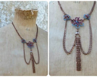 Regence  blue & purple handmade floral beadwork pendant necklace