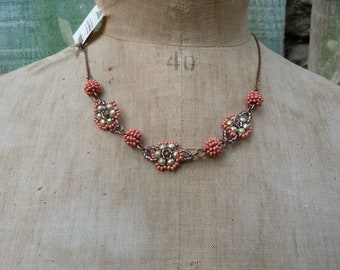 Floral orange & almund green  French romantic boho handmade beaded necklace