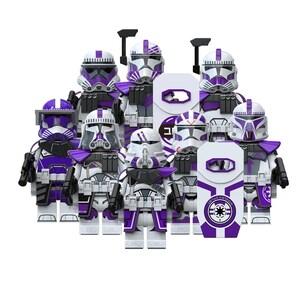 May include: A collection of white and purple toy figures, resembling soldiers, are arranged closely together. Each figure has a unique helmet design and carries a black weapon. Some figures hold white and purple shields with a circular emblem.