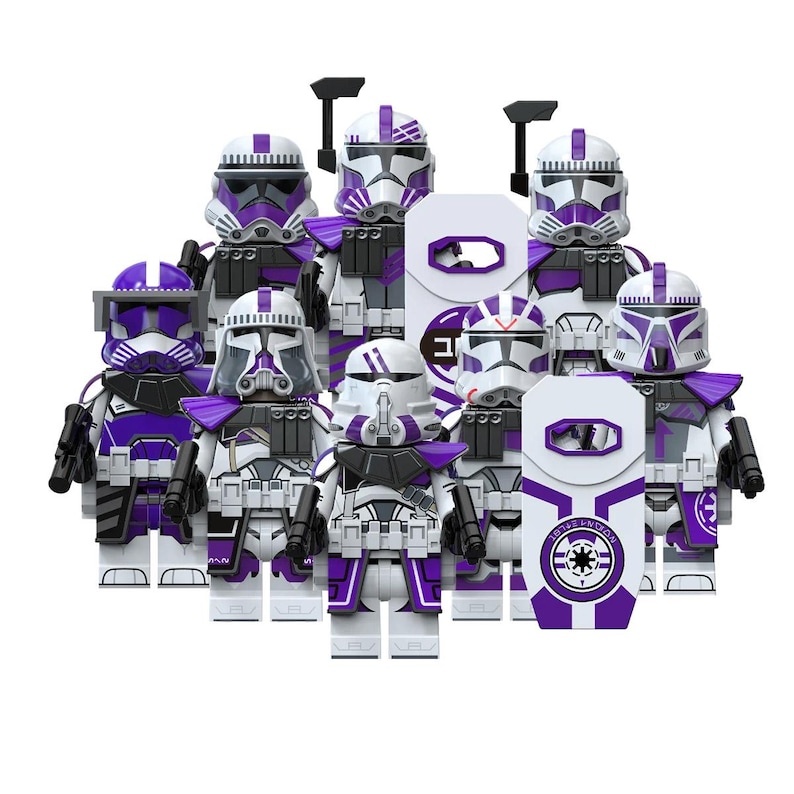 May include: A collection of white and purple toy figures, resembling soldiers, are arranged closely together. Each figure has a unique helmet design and carries a black weapon. Some figures hold white and purple shields with a circular emblem.