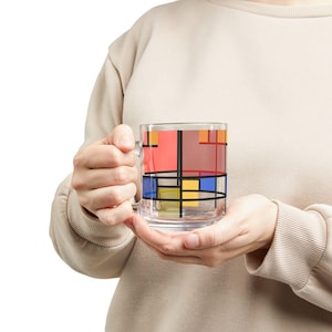 Mondrian Art Glass Mug: Color Block Coffee Cup, Geometric Design