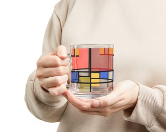Glass Mug, 10oz - Mondrian Art Inspired Coffee Cup, Color Block Design, Kitchen Decor, Gift for Artists, Geometric Tea Mug, Abstract