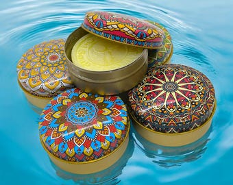Mandala Design Tin Box: Olive Oil Soap, Metal Storage Organizer