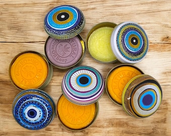 Evil Eye Olive Oil Soap in Small Tin: Authentic Tile Design