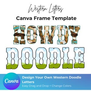 Completa tus propias letras del oeste de Canva, marcos del alfabeto vaquero, letras y números editables de arrastrar y soltar, paquete de marcos de doodle de Canva