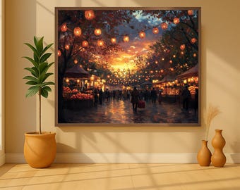 Autumn Festival with Lanterns | Van Gogh-Inspired | Canvas Print 0.75&quot;