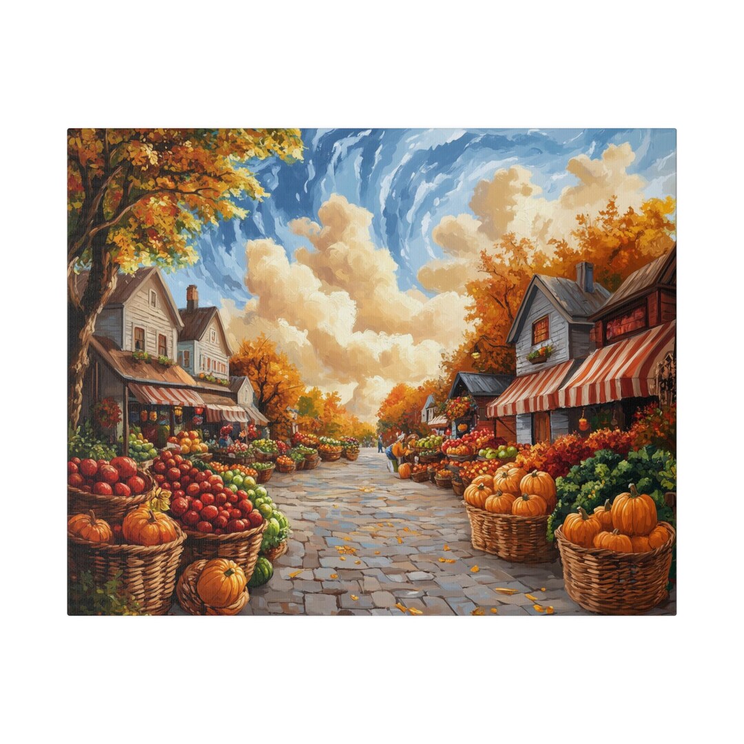 Harvest Market Scene | Rustic Autumn Art | Canvas Print 0.75
