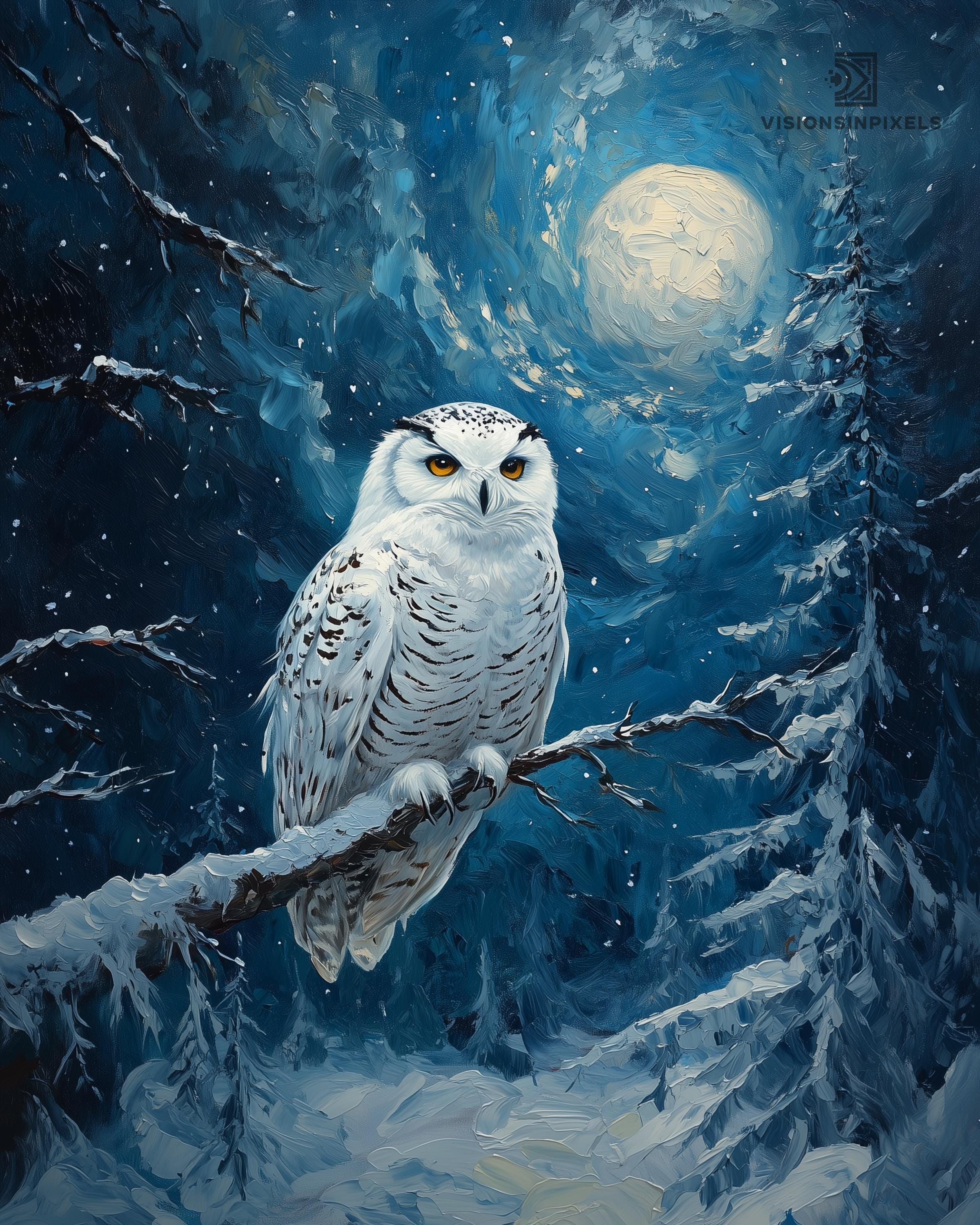 Van Gogh-Style Snowy Owl in a Moonlit Winter Forest | Wildlife Art | Digital Print #052
